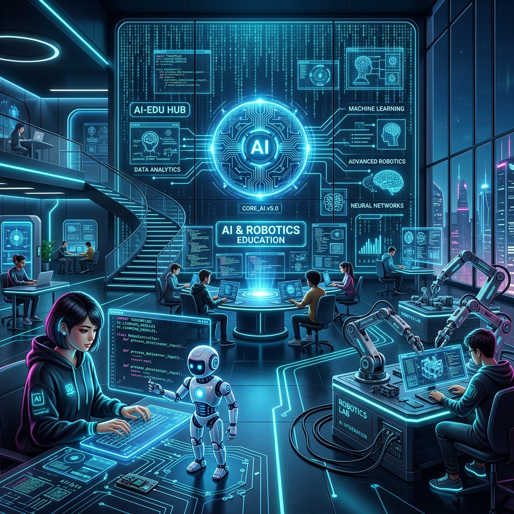 Futuristic AI and Robotics Workspace